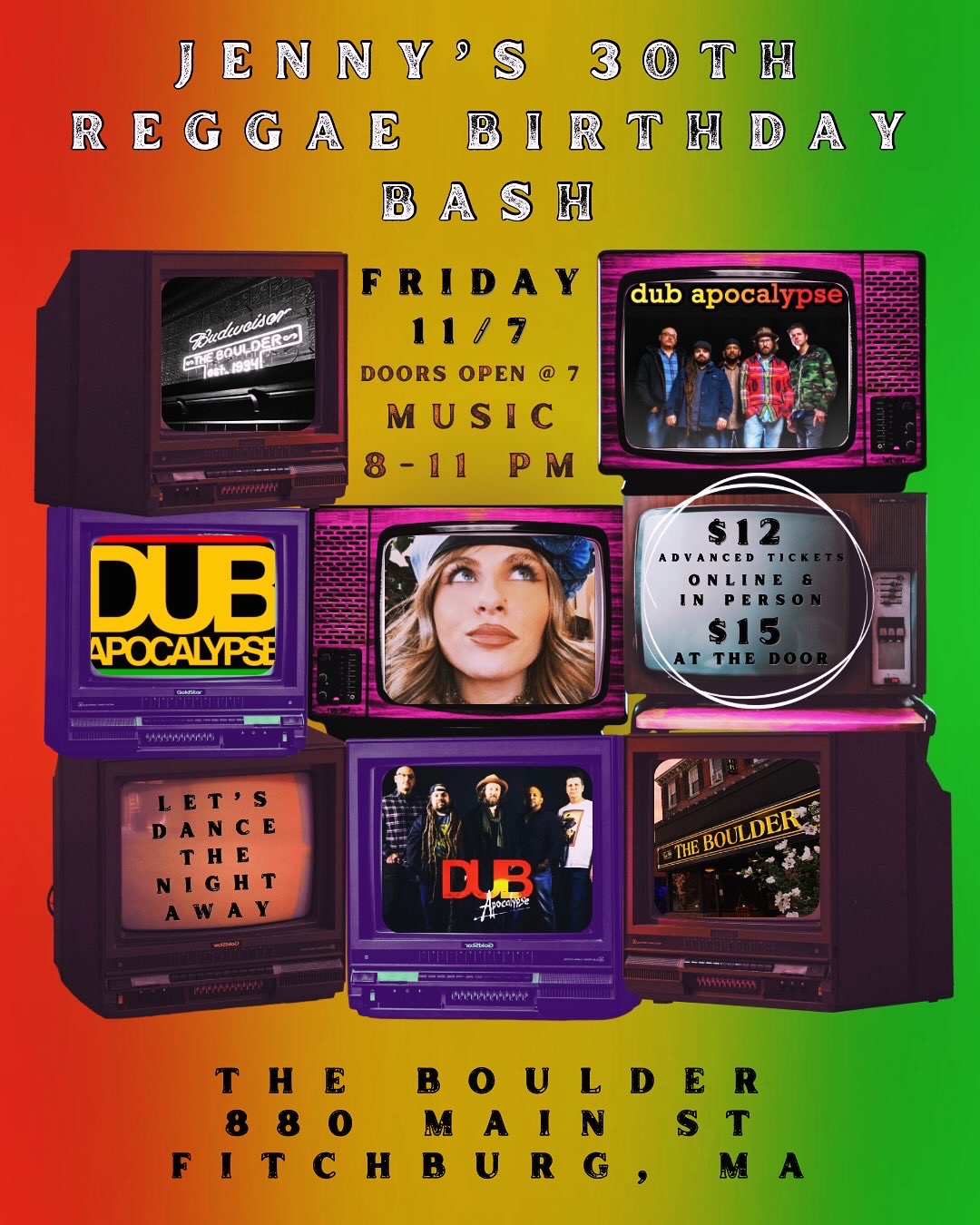 It’s time to celebrate!!! — Jenny is turning 30! 🥳
Join us on Friday, November 7th at The Boulder Café in Fitchburg for an unforgettable Reggae Birthday Bash Featuring Dub Apocalypse! You can expect the night to be filled with love, laughter, and all of the rhythms!
🎶Live Music from 8–11 PM with the incredible Dub Apocalypse, bringing their world-class reggae grooves to keep us dancing all night long. Doors open at 7 PM — come early, grab a drink, and get ready to celebrate.
Advance Tickets: $12 at this link: https://square.link/u/vCNsC955
or in person at The Boulder.
$15 at the door the day of
*This event will most likely sell out, so order online in advance or get your tickets in person at the boulder during regular hours of operation Wednesday-Saturday 4-12 Midnight.
Let’s raise a glass and make this milestone birthday one to remember! 🎶💃